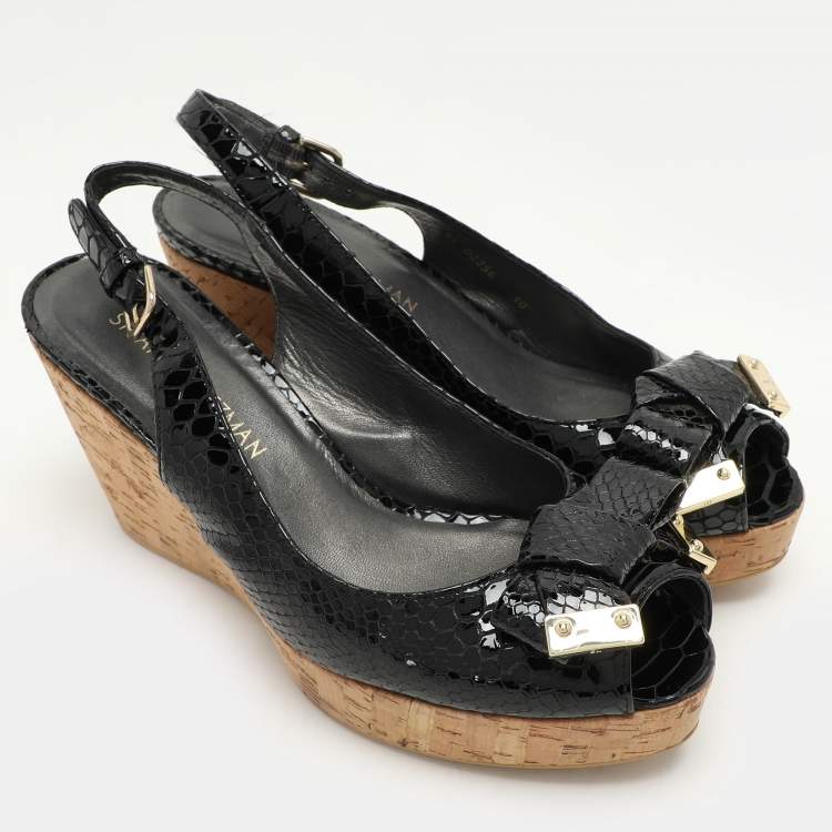 Pre Owned Stuart Weitzman Black Python Embossed Leather Bow Cork Wedge Slingback Pumps Size 40
