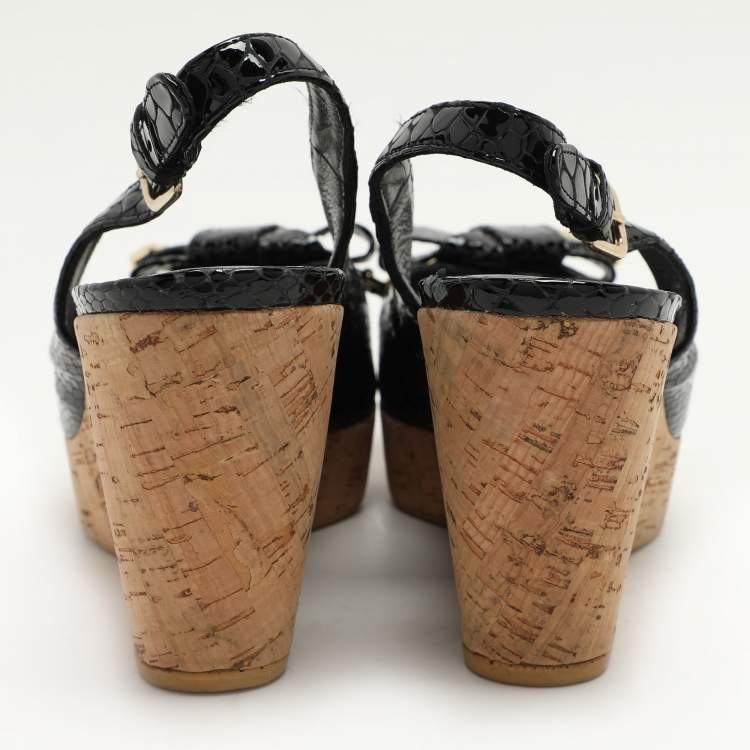 Pre Owned Stuart Weitzman Black Python Embossed Leather Bow Cork Wedge Slingback Pumps Size 40