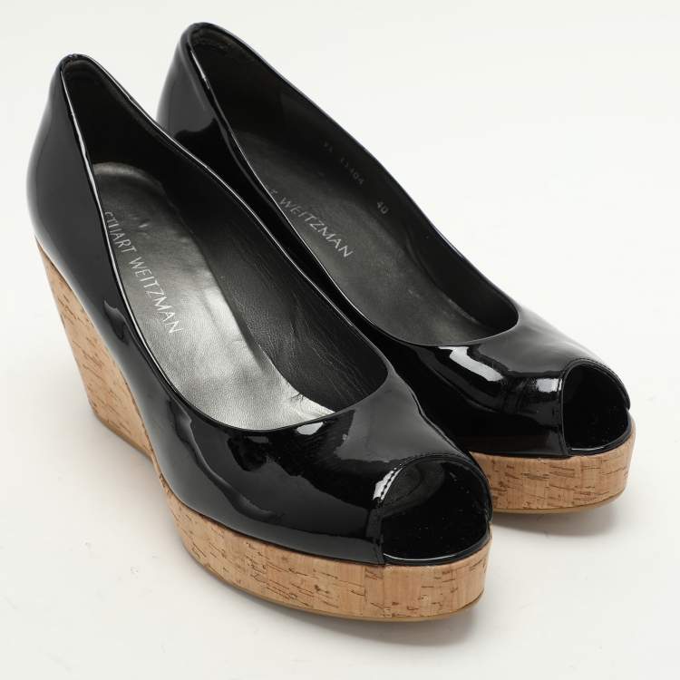 Pre Owned Stuart Weitzman Black Patent Leather Cork Wedge Pumps Size 40