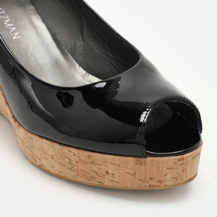 Pre Owned Stuart Weitzman Black Patent Leather Cork Wedge Pumps Size 40