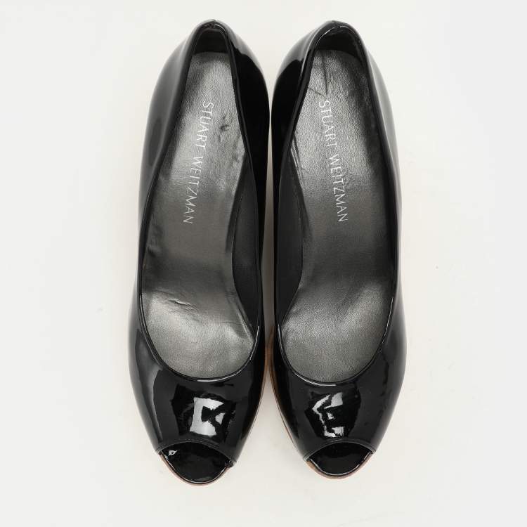 Pre Owned Stuart Weitzman Black Patent Leather Cork Wedge Pumps Size 40