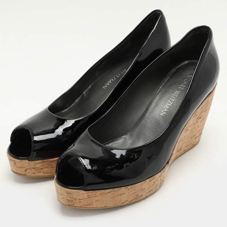 Pre Owned Stuart Weitzman Black Patent Leather Cork Wedge Pumps Size 40