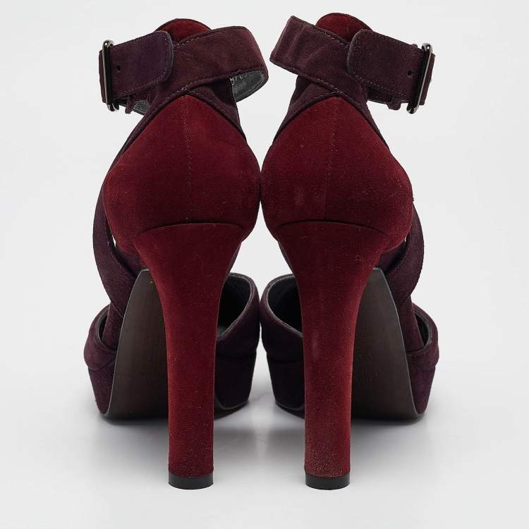 Pre Owned Stuart Weitzman Dark Purple/Burgundy Suede Ankle Strap Platform Pumps Size 39