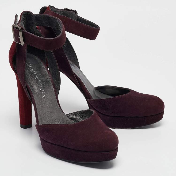 Pre Owned Stuart Weitzman Dark Purple/Burgundy Suede Ankle Strap Platform Pumps Size 39