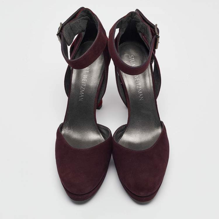 Pre Owned Stuart Weitzman Dark Purple/Burgundy Suede Ankle Strap Platform Pumps Size 39