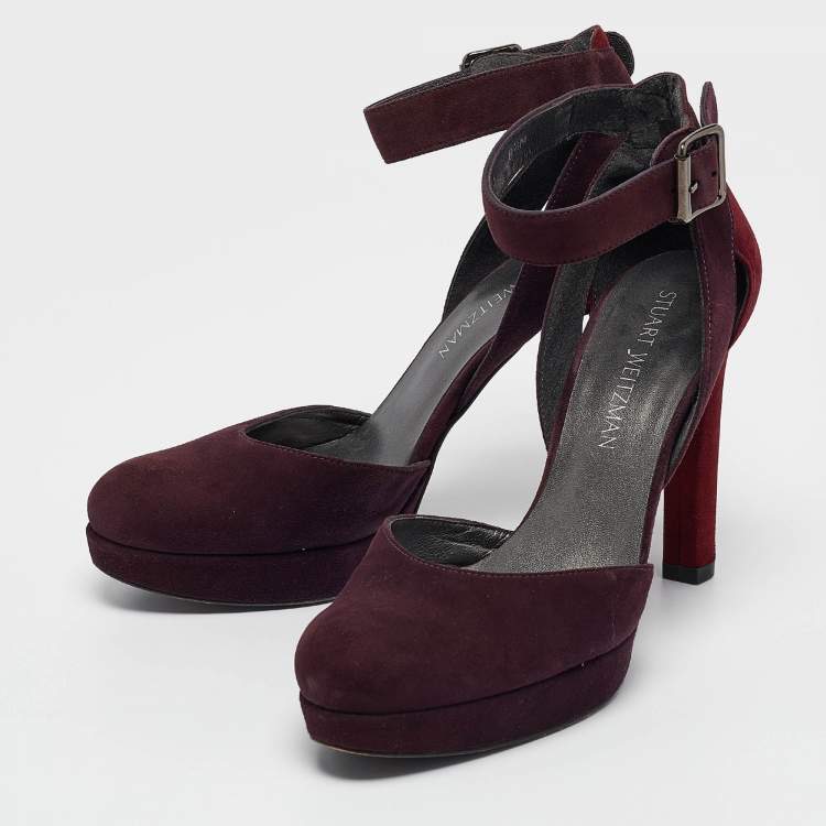 Pre Owned Stuart Weitzman Dark Purple/Burgundy Suede Ankle Strap Platform Pumps Size 39