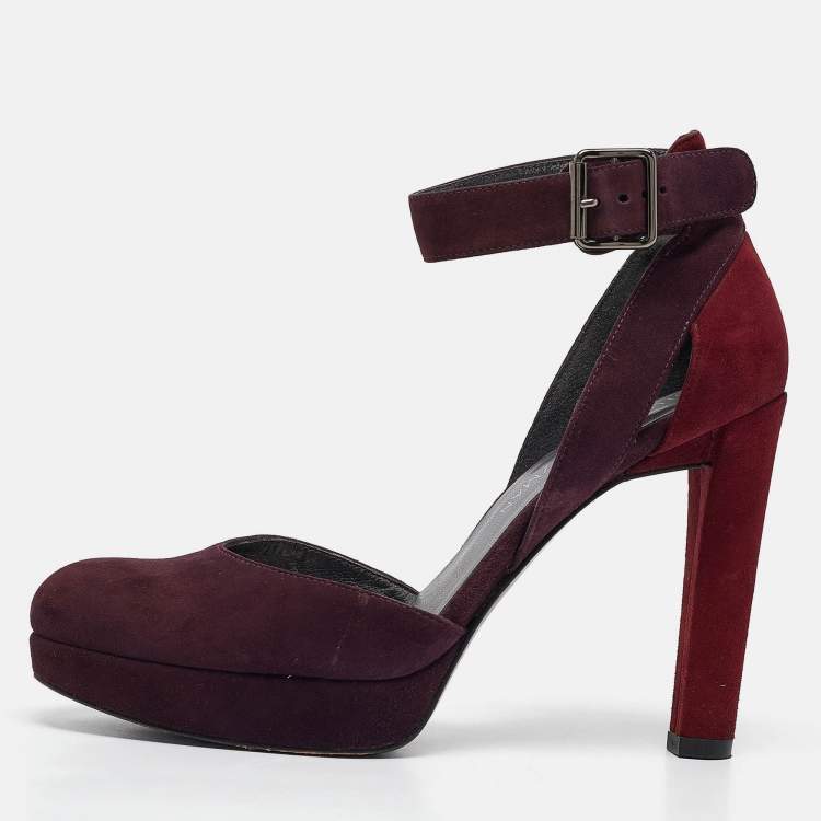 Pre Owned Stuart Weitzman Dark Purple/Burgundy Suede Ankle Strap Platform Pumps Size 39