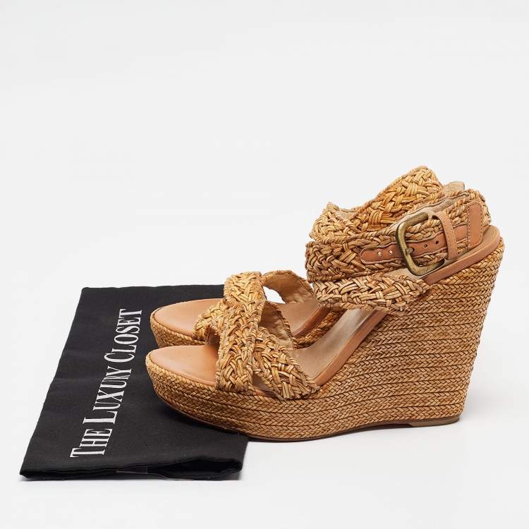 Pre Owned Stuart Weitzman Beige Leather and Raffia Braided Platform Wedge Sandals Size 39.5