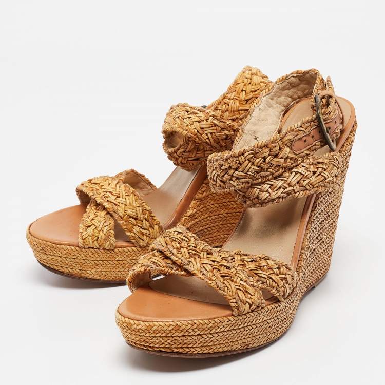 Pre Owned Stuart Weitzman Beige Leather and Raffia Braided Platform Wedge Sandals Size 39.5