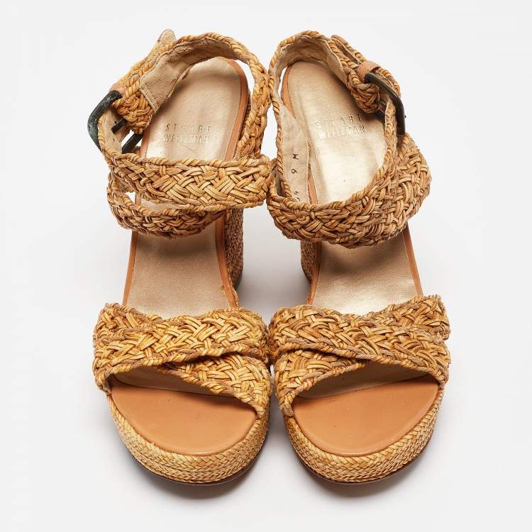 Pre Owned Stuart Weitzman Beige Leather and Raffia Braided Platform Wedge Sandals Size 39.5