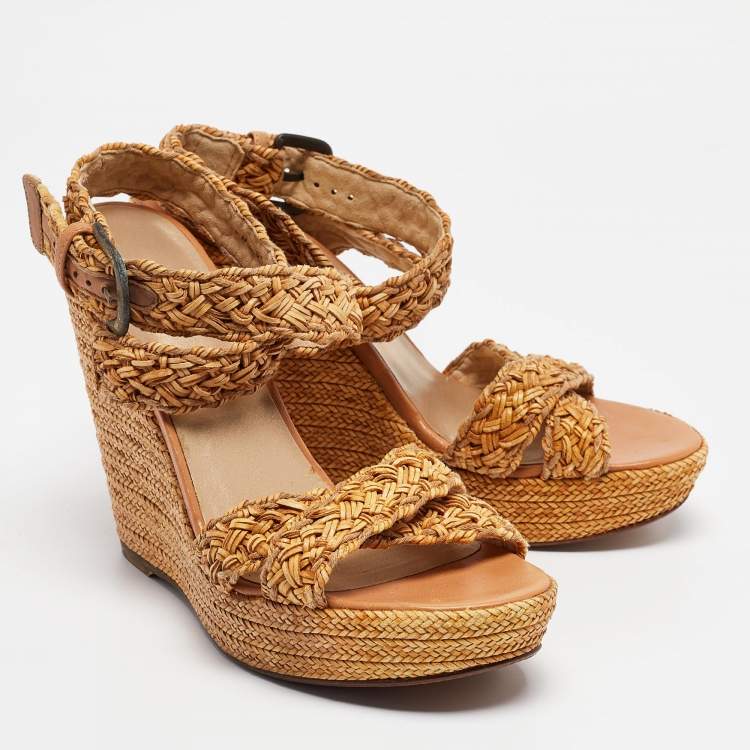 Pre Owned Stuart Weitzman Beige Leather and Raffia Braided Platform Wedge Sandals Size 39.5