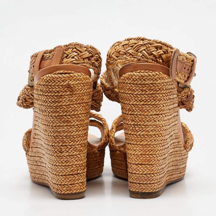 Pre Owned Stuart Weitzman Beige Leather and Raffia Braided Platform Wedge Sandals Size 39.5
