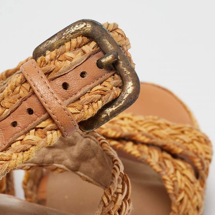 Pre Owned Stuart Weitzman Beige Leather and Raffia Braided Platform Wedge Sandals Size 39.5