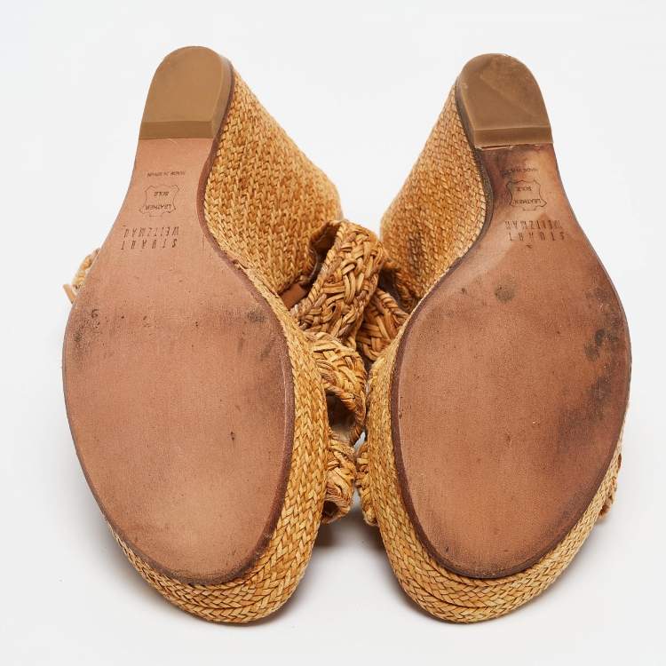 Pre Owned Stuart Weitzman Beige Leather and Raffia Braided Platform Wedge Sandals Size 39.5