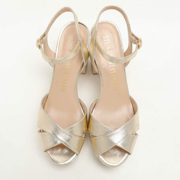Pre Owned Stuart Weitzman Gold Leather Platform Ankle Strap Sandals Size 38