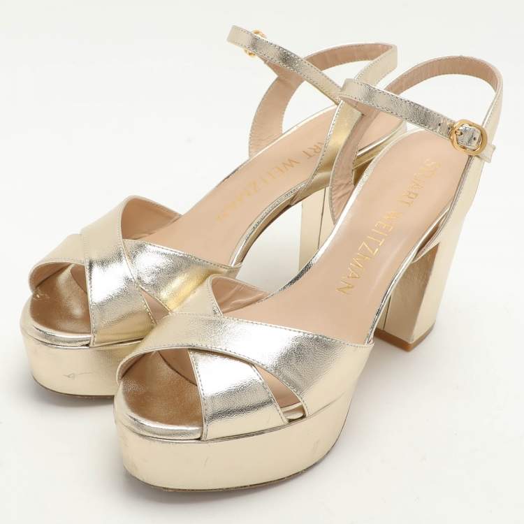 Pre Owned Stuart Weitzman Gold Leather Platform Ankle Strap Sandals Size 38