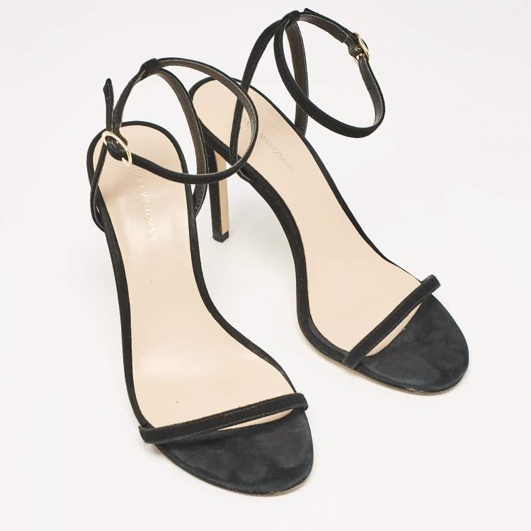 Pre Owned Stuart Weitzman Black Suede Ankle Strap Sandals Size 37.5