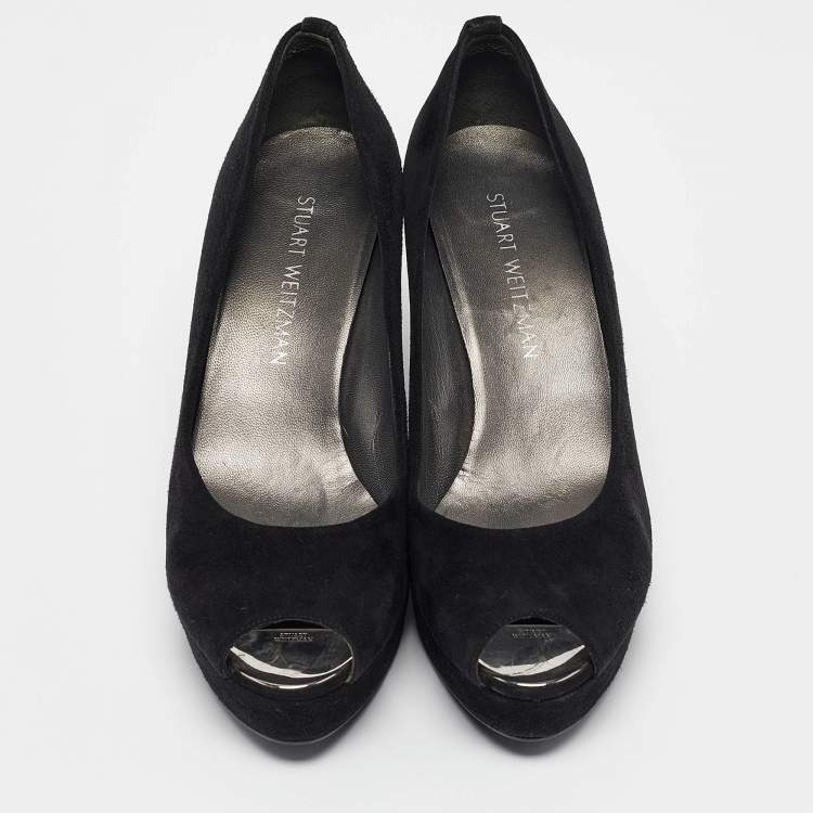 Pre Owned Stuart Weitzman Black Suede Peep Toe Wedge Pumps Size 39