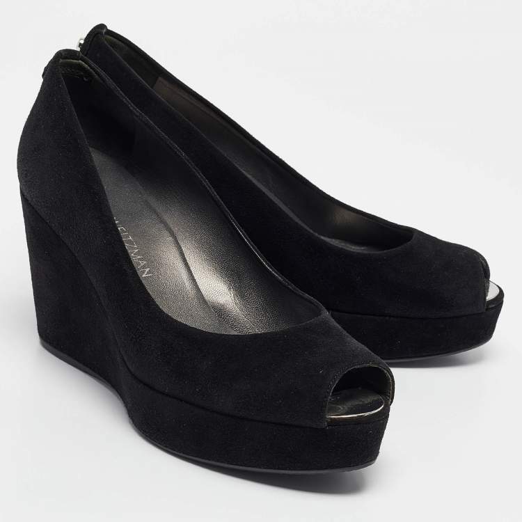 Pre Owned Stuart Weitzman Black Suede Peep Toe Wedge Pumps Size 39