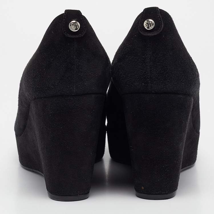 Pre Owned Stuart Weitzman Black Suede Peep Toe Wedge Pumps Size 39
