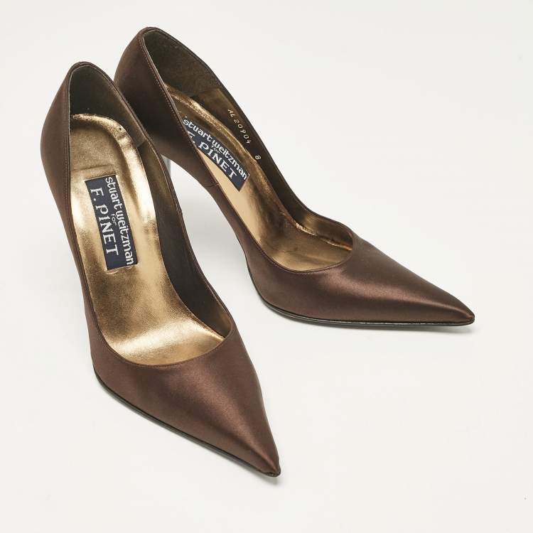 Pre Owned Stuart Weitzman Dark Brown Satin Pointed Toe Pumps Size 38.5