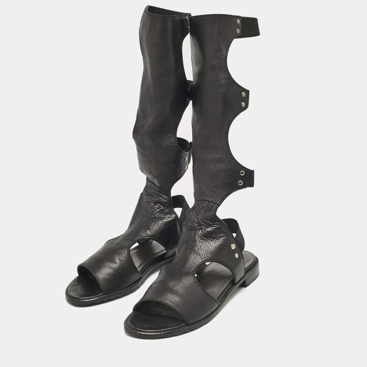 Pre Owned Stuart Weitzman Black Leather Backview Flat Sandals Size 38.5
