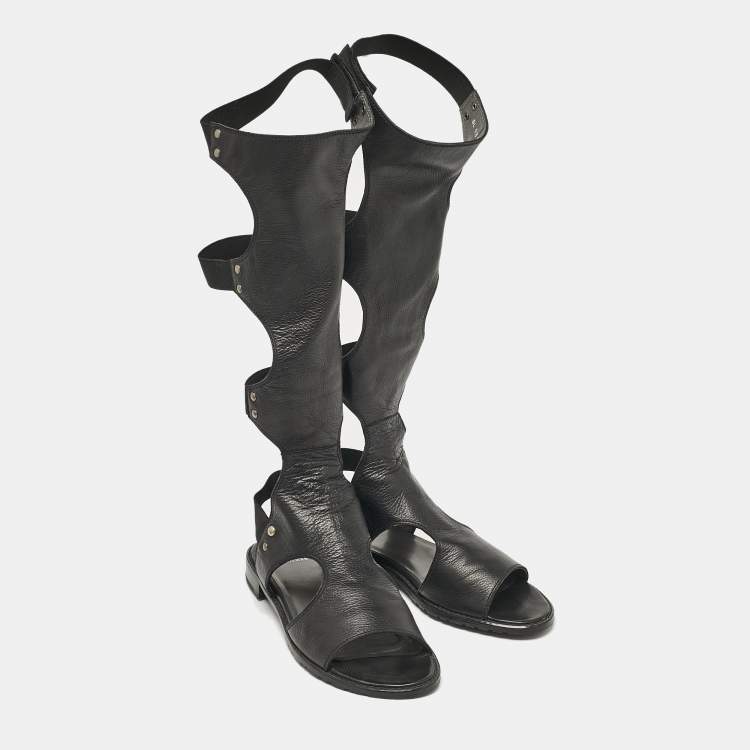 Pre Owned Stuart Weitzman Black Leather Backview Flat Sandals Size 38.5