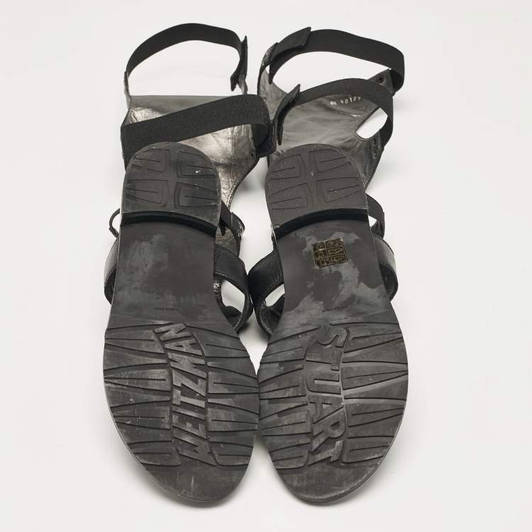 Pre Owned Stuart Weitzman Black Leather Backview Flat Sandals Size 38.5