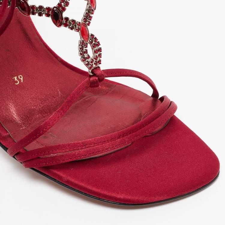 Pre Owned Stuart Weitzman Burgundy Satin Crystal Embellished Ankle Strap Sandals Size 39
