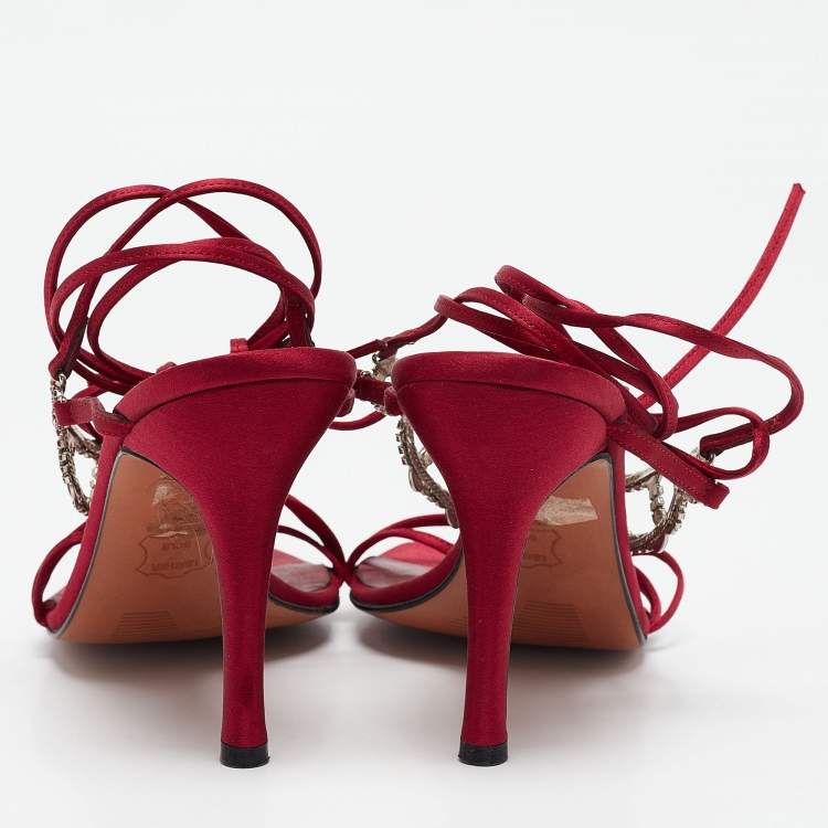 Pre Owned Stuart Weitzman Burgundy Satin Crystal Embellished Ankle Strap Sandals Size 39