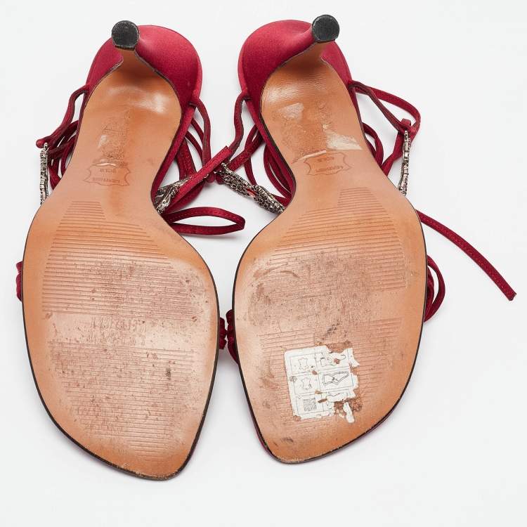 Pre Owned Stuart Weitzman Burgundy Satin Crystal Embellished Ankle Strap Sandals Size 39