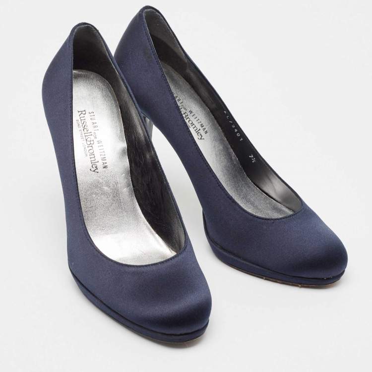 Pre Owned Stuart Weitzman Navy Blue Satin Round Toe Platform Pumps Size 38