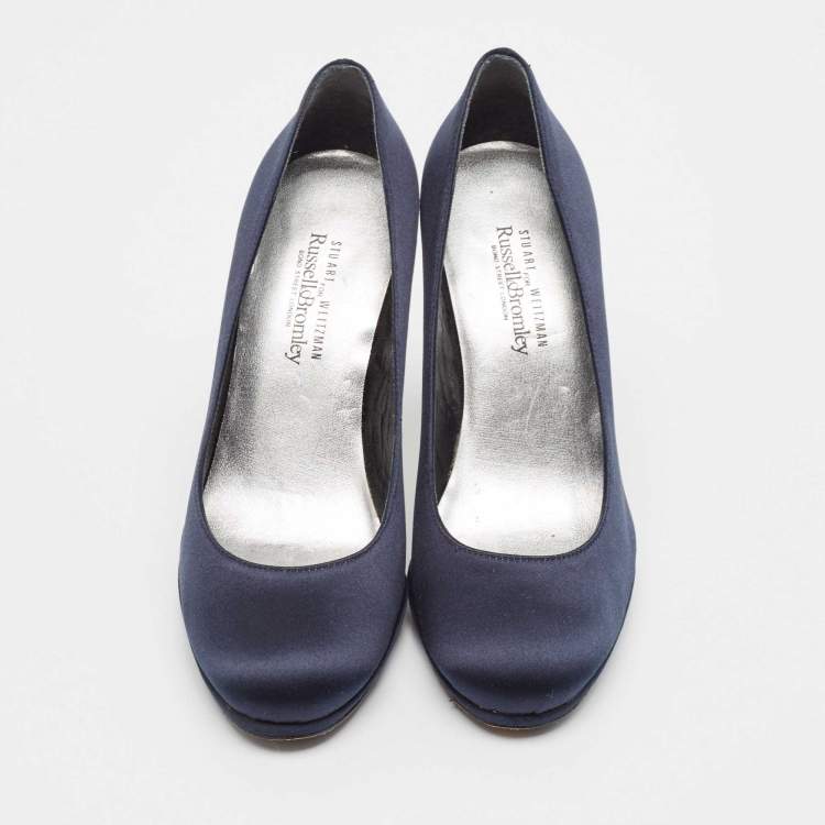 Pre Owned Stuart Weitzman Navy Blue Satin Round Toe Platform Pumps Size 38