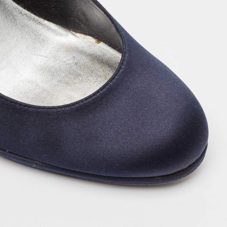 Pre Owned Stuart Weitzman Navy Blue Satin Round Toe Platform Pumps Size 38