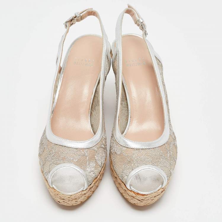 Pre Owned Stuart Weitzman Silver Lace and Leather Wedge Sandals Size 38