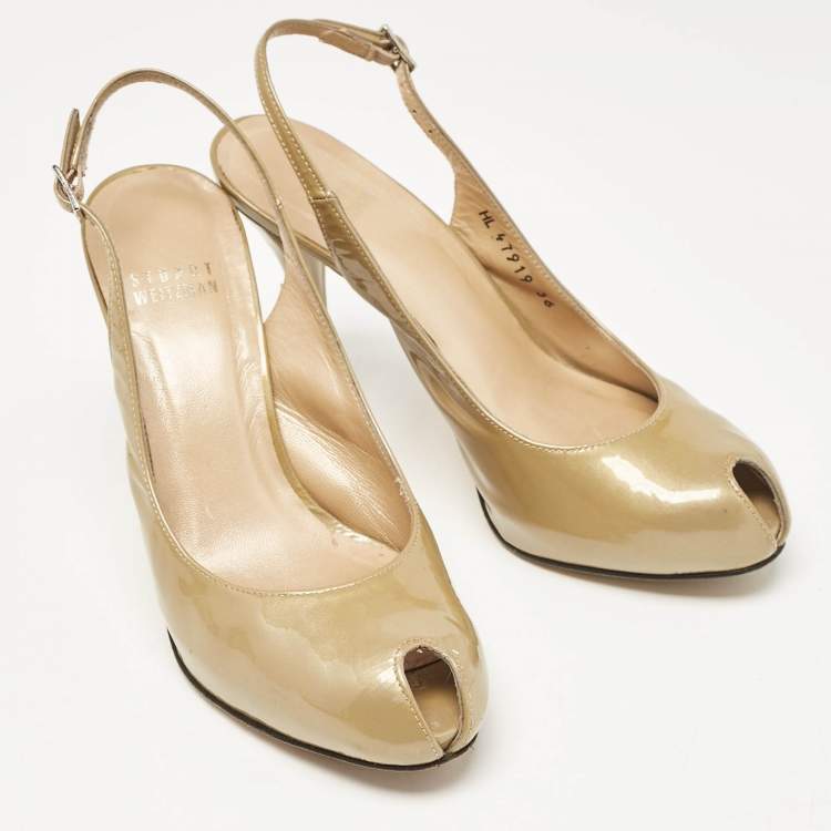 Pre Owned Stuart Weitzman Beige Patent Peep Toe Slingback Pumps Size 36