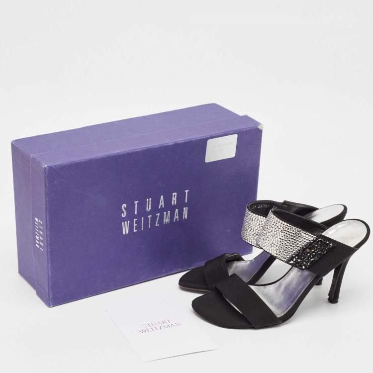 Pre Owned Stuart Weitzman Black Fabric Crystal Embellished Slide Sandals Size 36