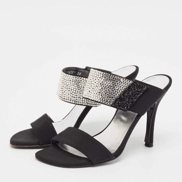 Pre Owned Stuart Weitzman Black Fabric Crystal Embellished Slide Sandals Size 36