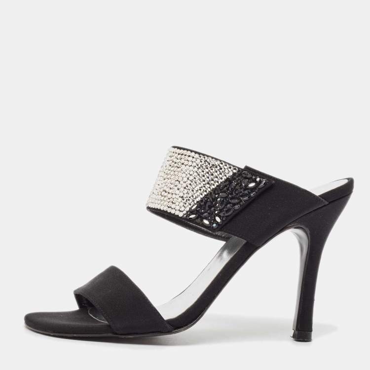 Pre Owned Stuart Weitzman Black Fabric Crystal Embellished Slide Sandals Size 36