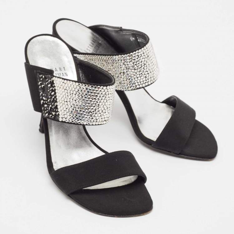 Pre Owned Stuart Weitzman Black Fabric Crystal Embellished Slide Sandals Size 36