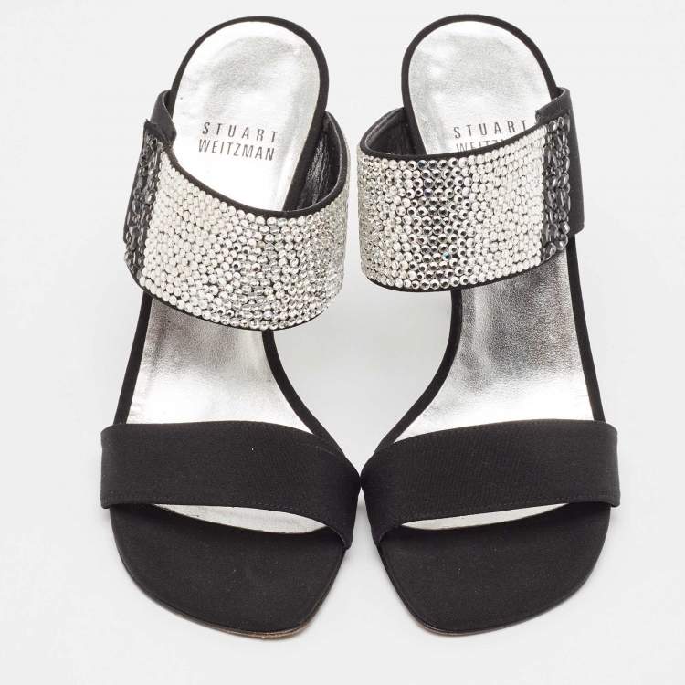 Pre Owned Stuart Weitzman Black Fabric Crystal Embellished Slide Sandals Size 36