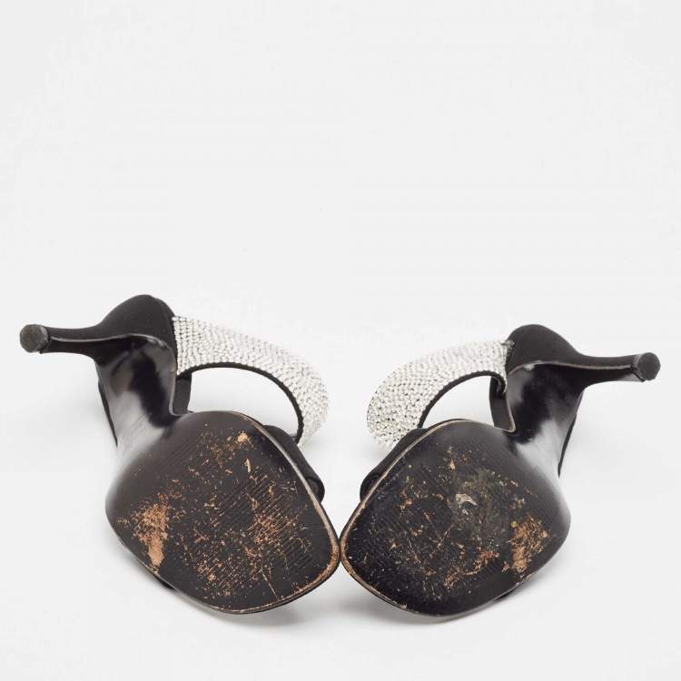 Pre Owned Stuart Weitzman Black Fabric Crystal Embellished Slide Sandals Size 36