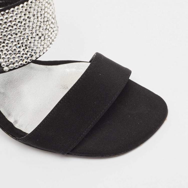 Pre Owned Stuart Weitzman Black Fabric Crystal Embellished Slide Sandals Size 36