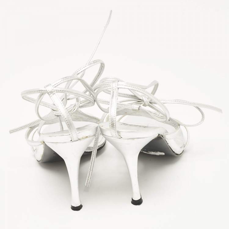 Pre Owned Stuart Weitzman Silver Leather Crystal Embellished Ankle Strap Sandals Size 35.5