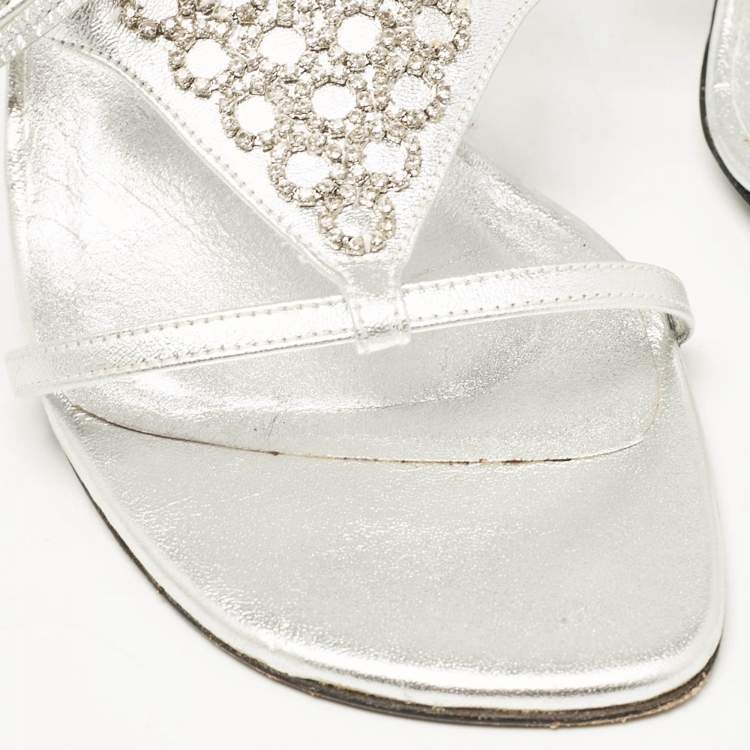 Pre Owned Stuart Weitzman Silver Leather Crystal Embellished Ankle Strap Sandals Size 35.5