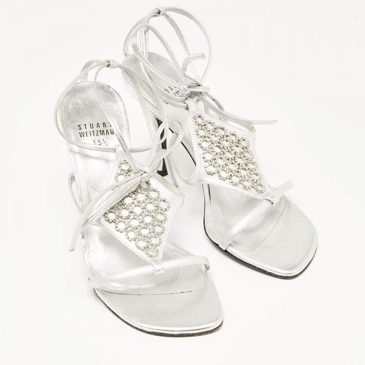 Pre Owned Stuart Weitzman Silver Leather Crystal Embellished Ankle Strap Sandals Size 35.5