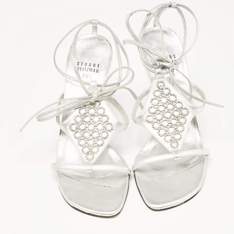 Pre Owned Stuart Weitzman Silver Leather Crystal Embellished Ankle Strap Sandals Size 35.5