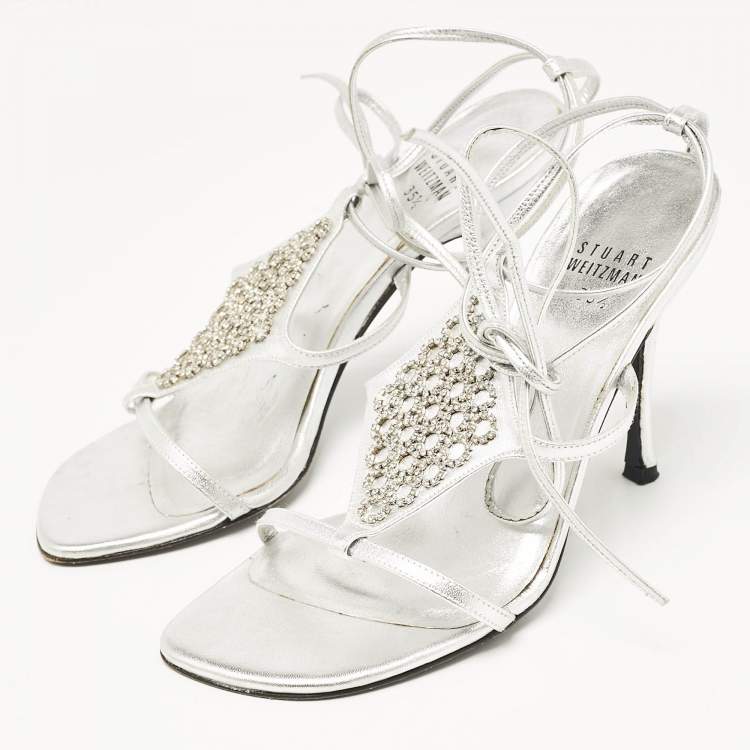 Pre Owned Stuart Weitzman Silver Leather Crystal Embellished Ankle Strap Sandals Size 35.5
