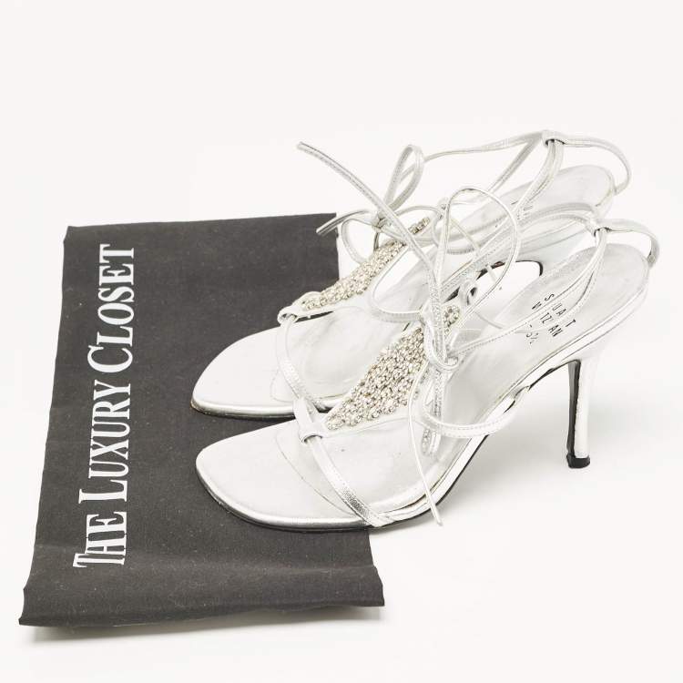 Pre Owned Stuart Weitzman Silver Leather Crystal Embellished Ankle Strap Sandals Size 35.5