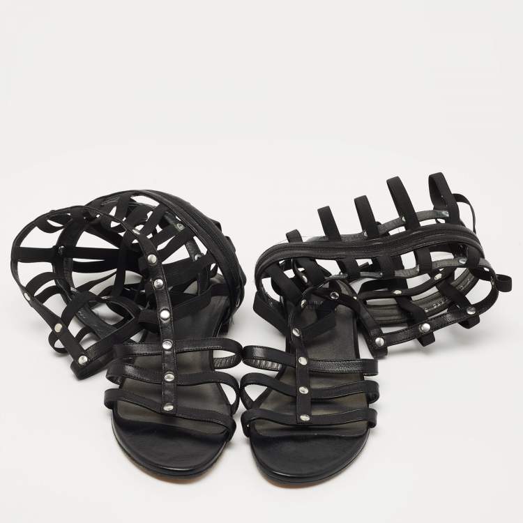 Pre Owned Stuart Weitzman Black Leather Aphrodite Gladiator Flat Sandals Size 38.5 